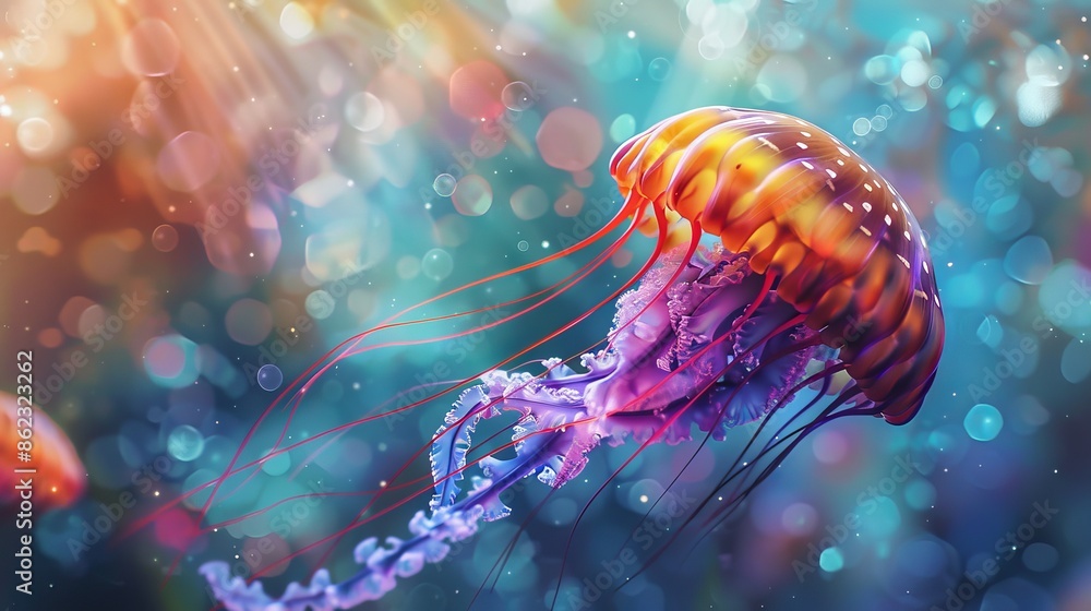 Wall mural Brightly colored jellyfish underwater with bokeh background, surreal marine scene. Aquatic life concept