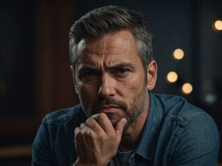 adult handsome man looking serious, thoughtful and distrustful, with one arm crossed and hand on chin, weighting options.