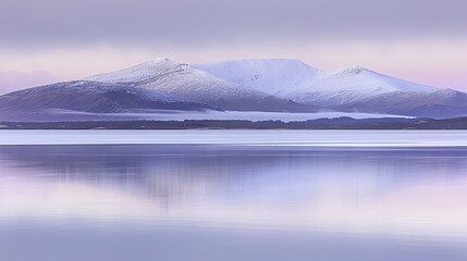 Majestic ice-covered mountains reflecting in calm sea waters at dawn