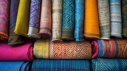 Colorful traditional woven textiles displayed in a market, vibrant fabric textures and patterns. Cultural heritage and craftsmanship concept