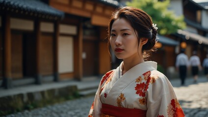 Fototapeta premium Asian woman wearing traditional Japanese kimono walking in the old town of Kyoto, Japan.
