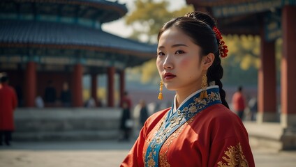 Fototapeta premium Asian young woman in old traditional Chinese dresses in the Temple of Heaven in Beijing, China Landscape and culture travel, or historical building and sightseeing concept.