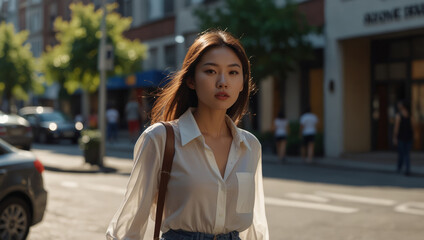 Fototapeta premium Beautiful young Asian fashion model woman walking out from home in big city at sunny day.