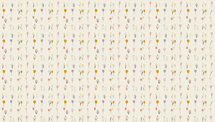 A pattern that features small flowers in square grid in pastel colors on white linen fabric, each grid contains one tulip from various varieties, the grid is some pink lines