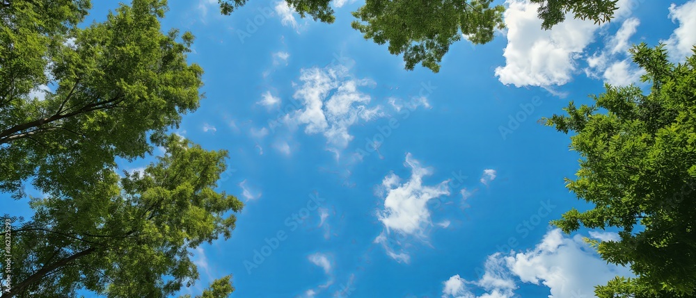 Wall mural Summer sky: A shot of a blue sky with scattered white clouds, such as through the canopy of trees