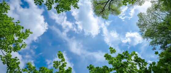 Summer sky: A shot of a blue sky with scattered white clouds, such as through the canopy of trees