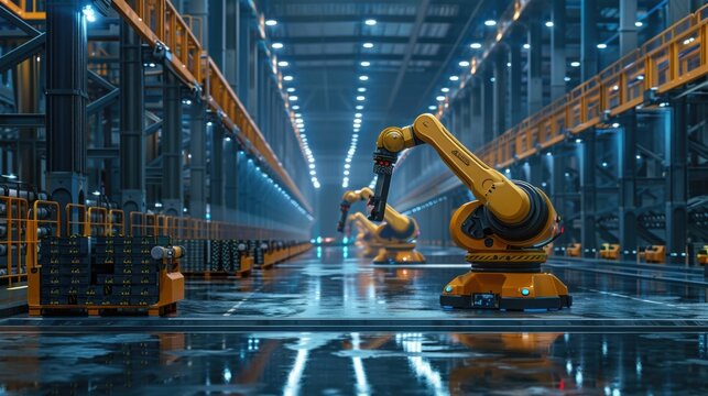 Automated warehouse facility utilizing renewable energy sources and advanced robotics to sort and organize packages with maximum efficiency and productivity