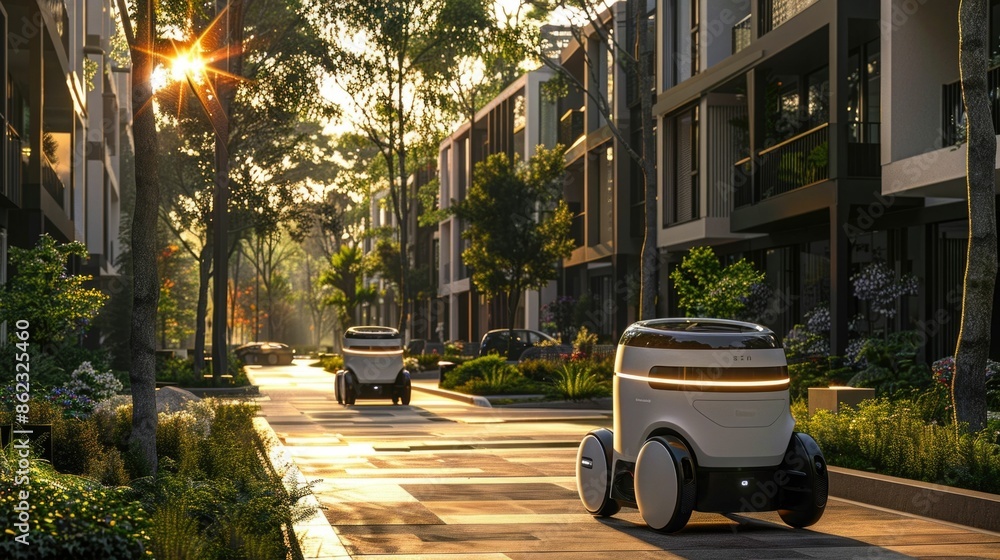 Poster solar powered autonomous delivery robots navigating through futuristic eco friendly urban spaces wit