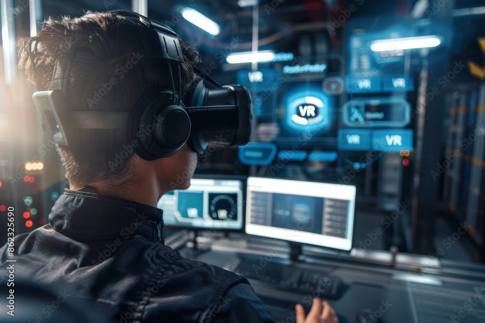Poster man using a vr headset in a dark room with multiple screens, fully immersed in virtual reality conte