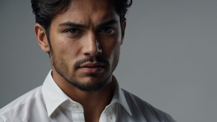 Obraz premium A close-up of a person wearing a white shirt, showcasing their expression and attire with a simple background.