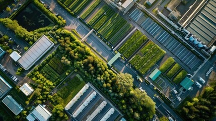 Aerial view of a green logistics park with electric trucks renewable energy sources and extensive green infrastructure
