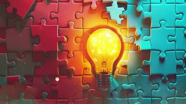 knowledge and solving problem logical idea with lightbulb and puzzle illustration seamless looping overlay 4k virtual video animation background