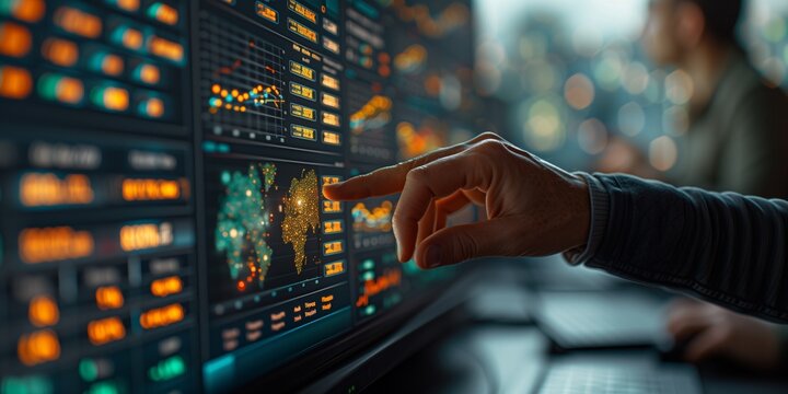Business analytics dashboard displayed on multiple screens.  Businessman analyzing financial charts, graphs and world map. Concepts. data finance, global business, stock market