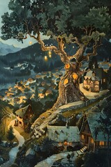 Obraz premium Enchanted Village Under the Oak Tree