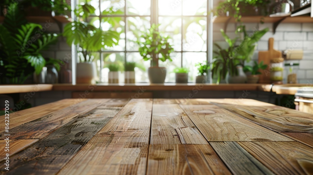 Poster a wooden table with a view of a window and potted plants. generate ai image