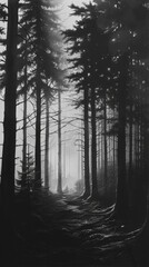 Fototapeta premium Mystical forest with tall pine trees shrouded in dense fog, creating an eerie and captivating atmosphere.
