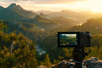 Camera capturing sunset shot. Photography using on tripod against sun rays with mountain in beautiful sundown scene.
