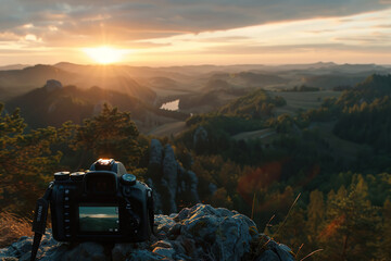 Camera capturing sunset shot. Photography using on tripod against sun rays with mountain in beautiful sundown scene.