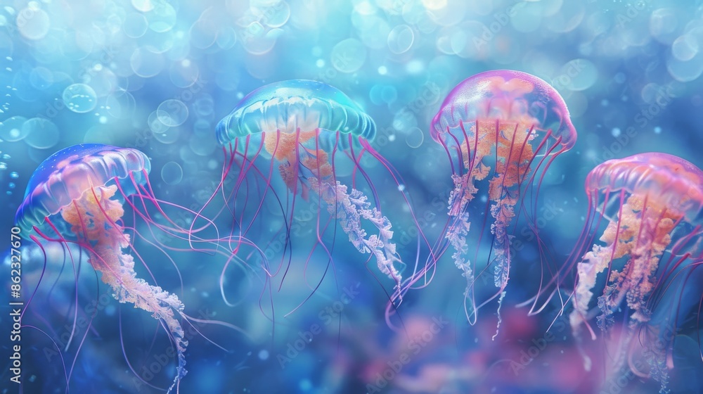 Wall mural Four jellyfish in an underwater scene with glowing blue and pink hues, marine life concept