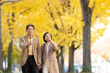 イチョウ並木を散歩するシニア夫婦