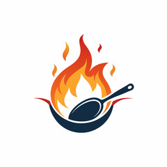 A simple and minimalist restaurant logo with a pan, flying food elements, and a flames icon