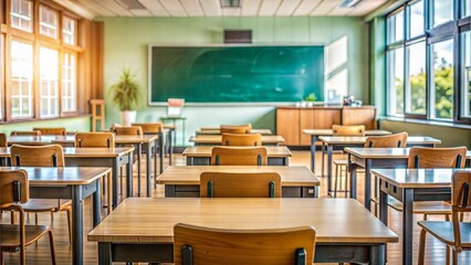 Classroom with Chalkboard Blur: A blurred background of a classroom setting with a chalkboard and desks, symbolizing education and learning.
