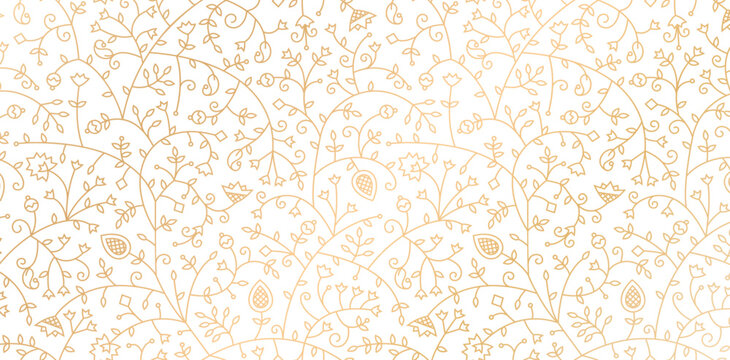 seamless pattern with flowers and leaves swirling golden colors isolated white backgrounds for Fashionable textile, book cover, Digital interfaces, prints design templates material, wedding invitation