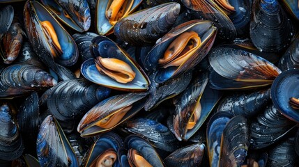 Closeup of raw blue mussels a type of edible saltwater bivalve mollusk ready to be cooked and prepared as a seafood dish or ingredient  The mussels have a striking navy blue