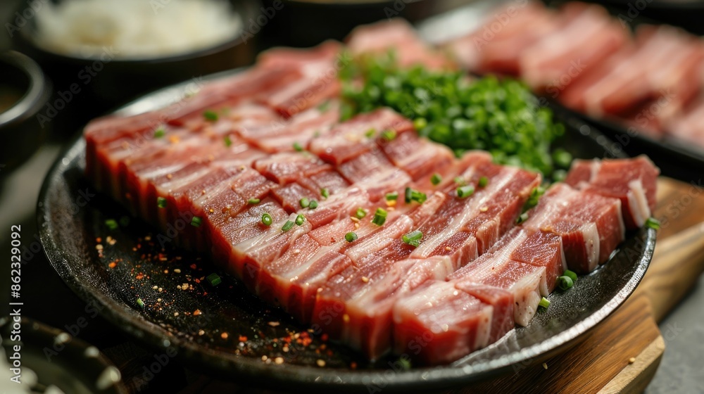 Aufkleber thinly sliced pork belly arranged in a visually appealing manner on a platter creating a mouthwateri