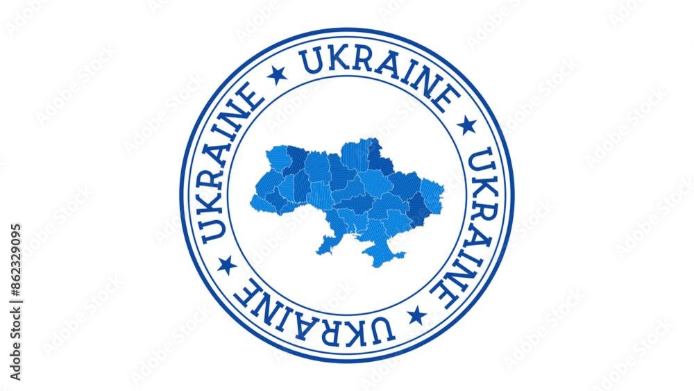 Poster ukraine intro. badge with the circular name and map of the country. ukraine round logo animation.