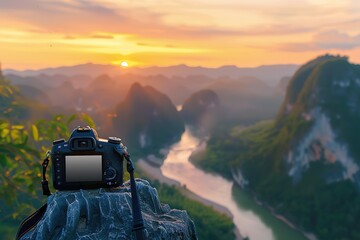 Camera capturing sunset shot. Photography using on tripod against sun rays with mountain in beautiful sundown scene.
