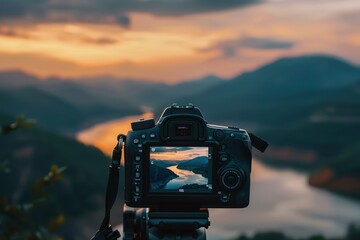 Camera capturing sunset shot. Photography using on tripod against sun rays with mountain in beautiful sundown scene.