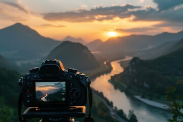 Camera capturing sunset shot. Photography using on tripod against sun rays with mountain in beautiful sundown scene.