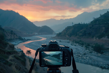 Camera capturing sunset shot. Photography using on tripod against sun rays with mountain in beautiful sundown scene.