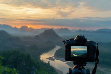 Camera capturing sunset shot. Photography using on tripod against sun rays with mountain in beautiful sundown scene.