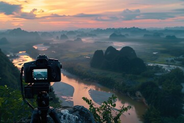 Camera capturing sunset shot. Photography using on tripod against sun rays with mountain in beautiful sundown scene.