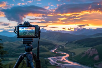 Camera capturing sunset shot. Photography using on tripod against sun rays with mountain in beautiful sundown scene.