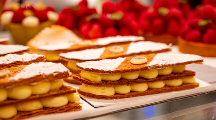 Portion of french mille-feuille cake, vanilla or custard slice, Napoleon puff pastry layered with pastry cream