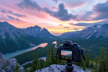 Camera capturing sunset shot. Photography using on tripod against sun rays with mountain in beautiful sundown scene.
