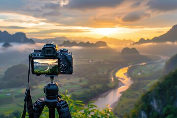 Camera capturing sunset shot. Photography using on tripod against sun rays with mountain in beautiful sundown scene.