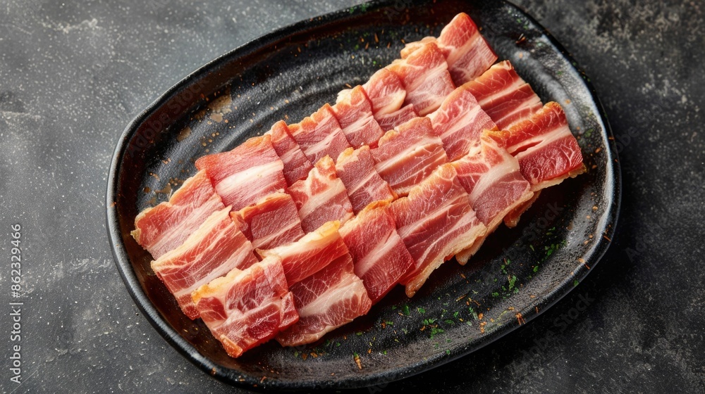 Poster thinly sliced pork belly arranged in an elegant and appetizing pattern on a dark platter showcasing 