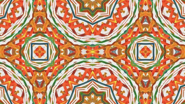 Ornamental bright background with squarish, round, polygonal shapes, stars and waves metamorphoses. Changes with pulsation of geometric patterns. Abstract mosaic moving backdrop. 4K UHD 4096x2304