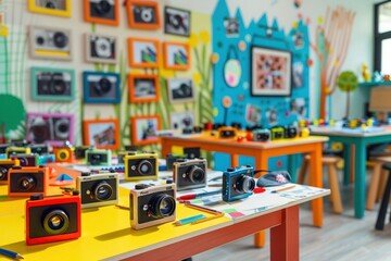 A creative studio setting with tables covered in small cameras, art supplies for decorating photo frames, and fun, child-friendly photo challenges displayed on the walls.