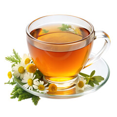A cup of chamomile tea with fresh chamomile flowers on a saucer, perfect for a relaxing and soothing experience.