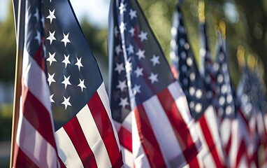 Row of American Flags Displayed Row of American Flags on Display