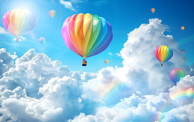Fototapeta premium Rainbow colored balloons in the sky and clouds Cheerful Rainbow Balloons Soaring Above the Clouds