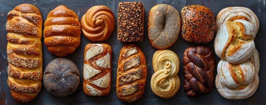 Various types and shapes of bread on a dark background.