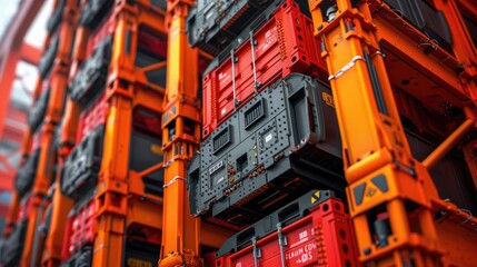 Fototapeta premium Industrial cargo containers in red and orange with intricate mechanical details in a futuristic warehouse setting.