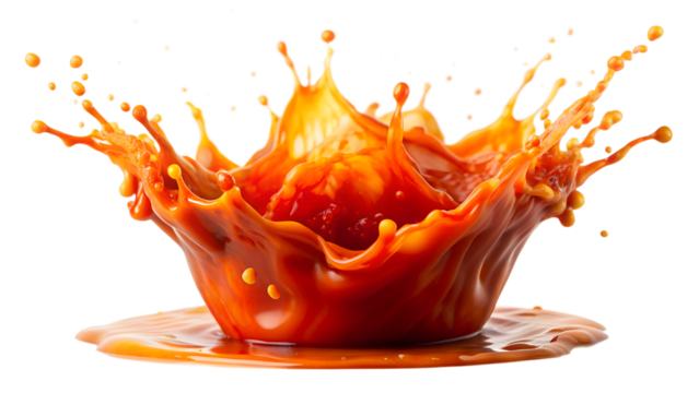 Dynamic splash of red-orange liquid captured in motion, isolated on white background, emphasizing vibrant colors and fluid movement. - Powered by Adobe