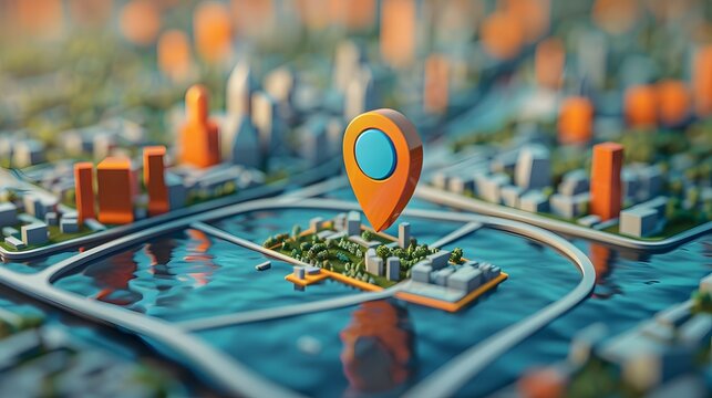Illustration depicting a 3D location pin icon integrated into an earth city map, symbolizing its utility in marking specific points of interest and guiding users through city streets and landmarks